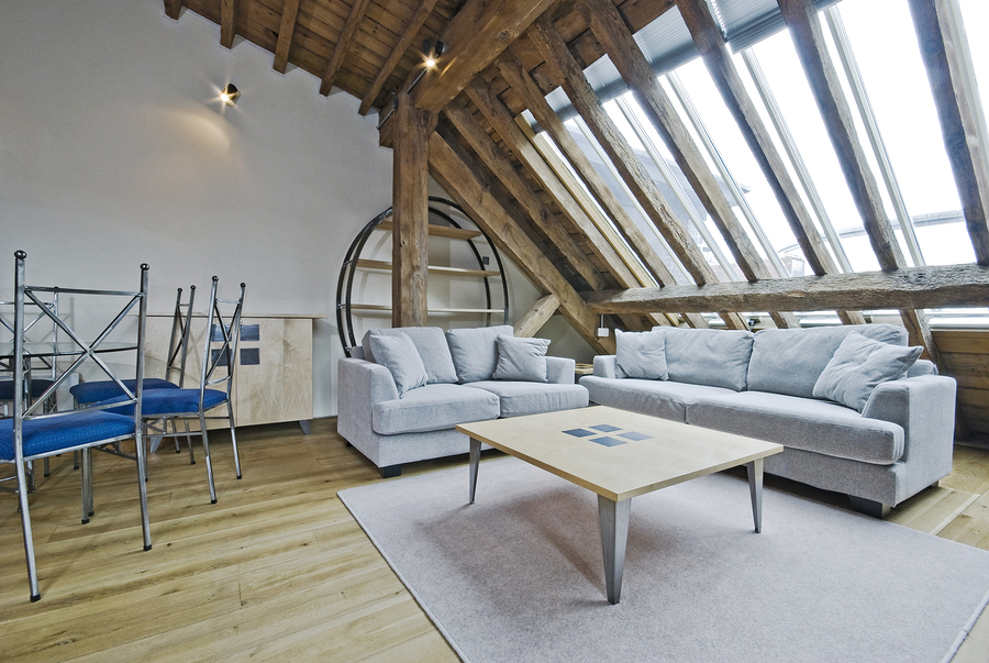 loft apartment of a warehouse conversion with exposed beams