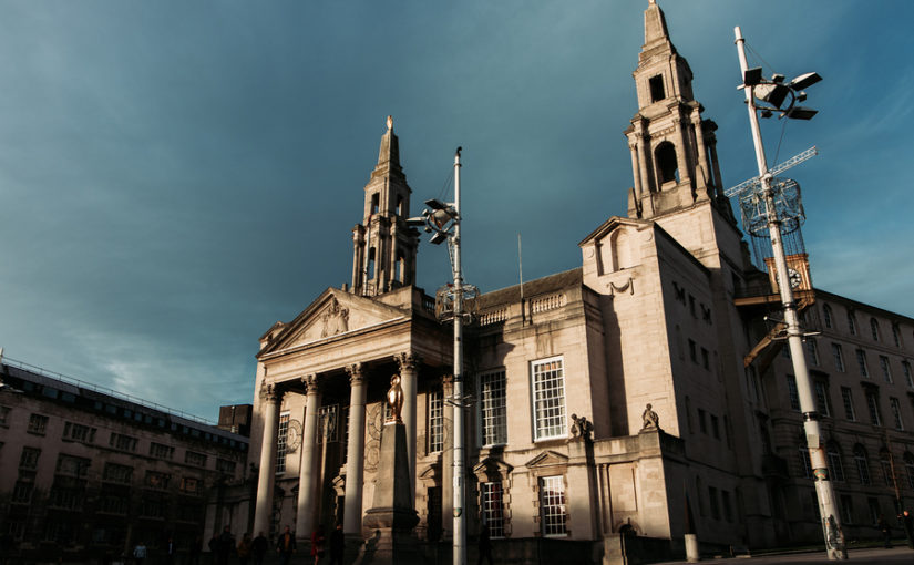 Leeds, United Kingdom, December, 29, 2018: Leeds Civic Hall during sunset on a December night.