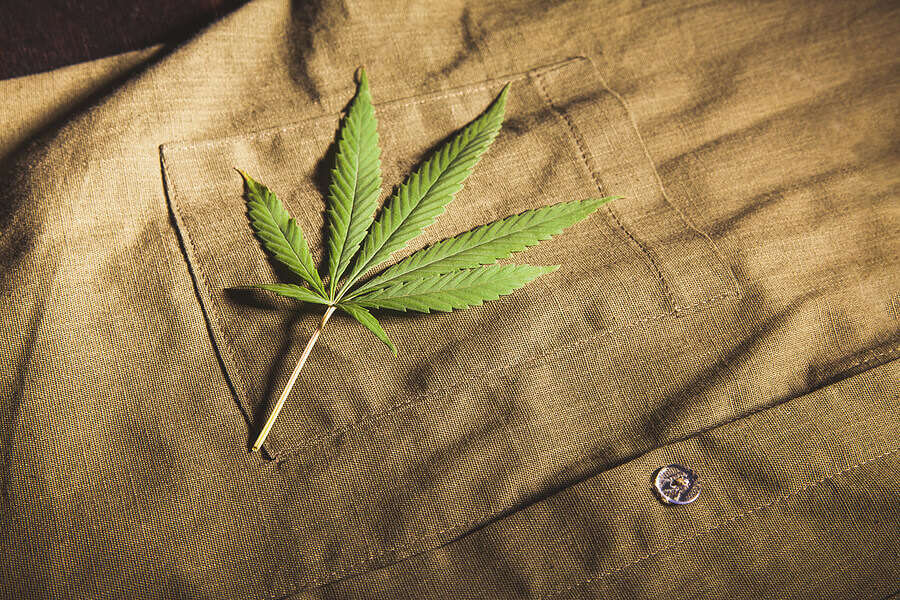 Khaki shirt with a branch of hemp, clothes made of hemp fiber.