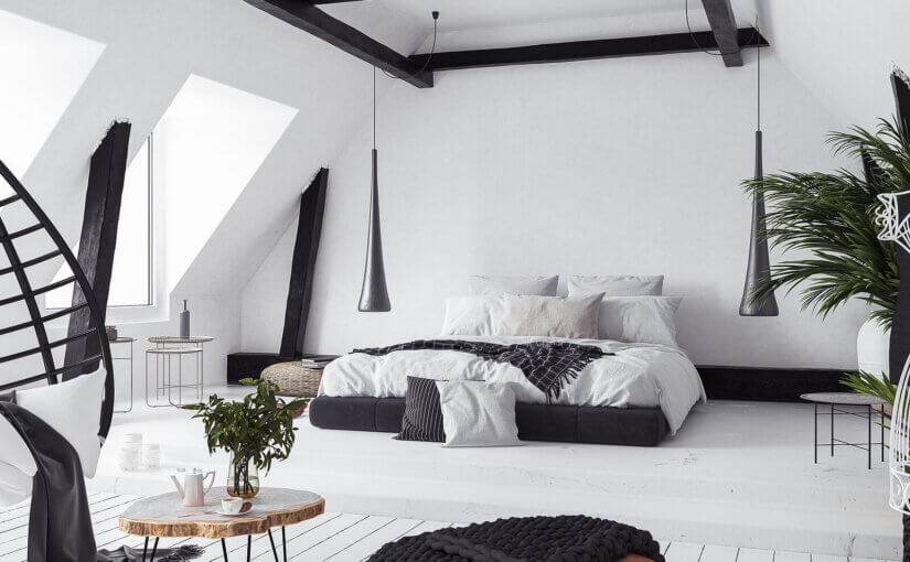 A modern loft conversion with monochrome decor.